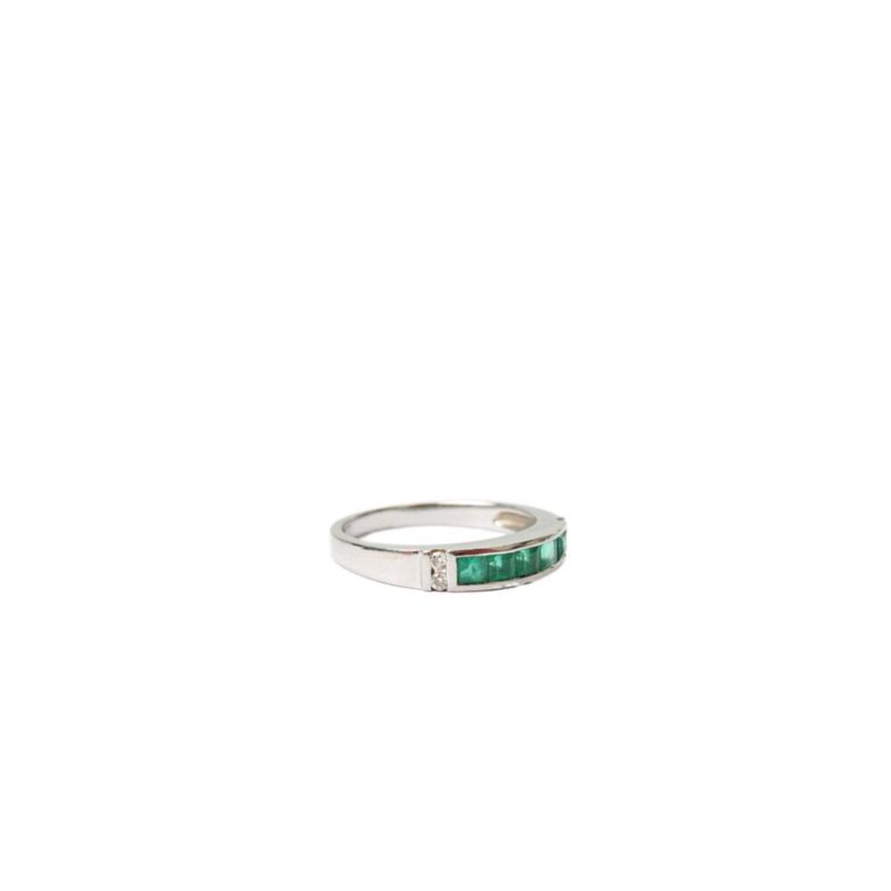 Designer Womens 14K W Gold Emerald + Diamond Channel Ring Sz 6.5 2.7g
